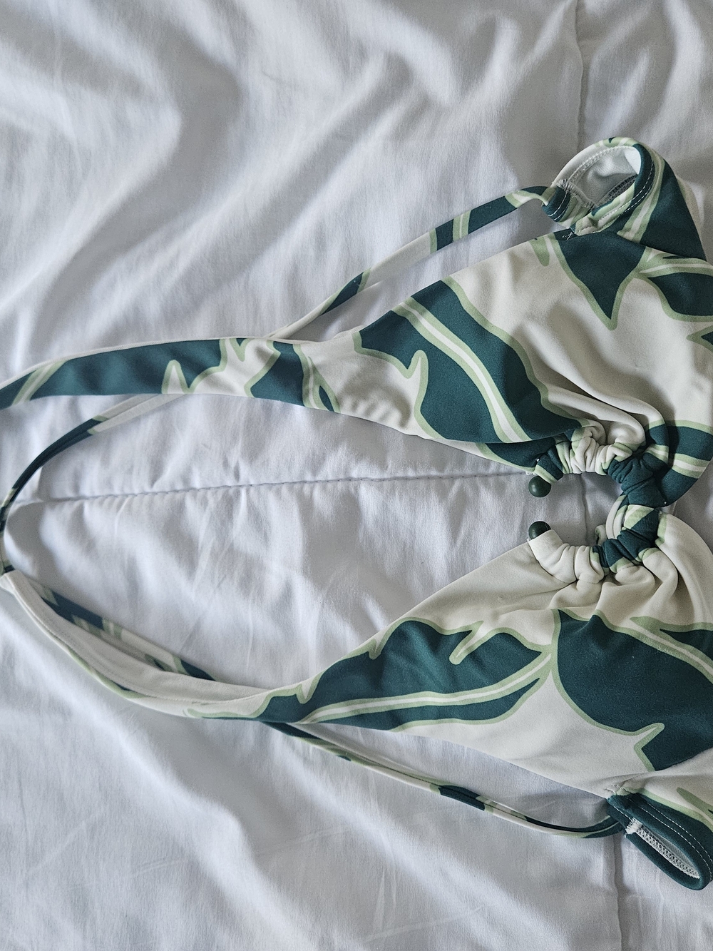 Green Leaf Print Drawstring Bikini Top XS